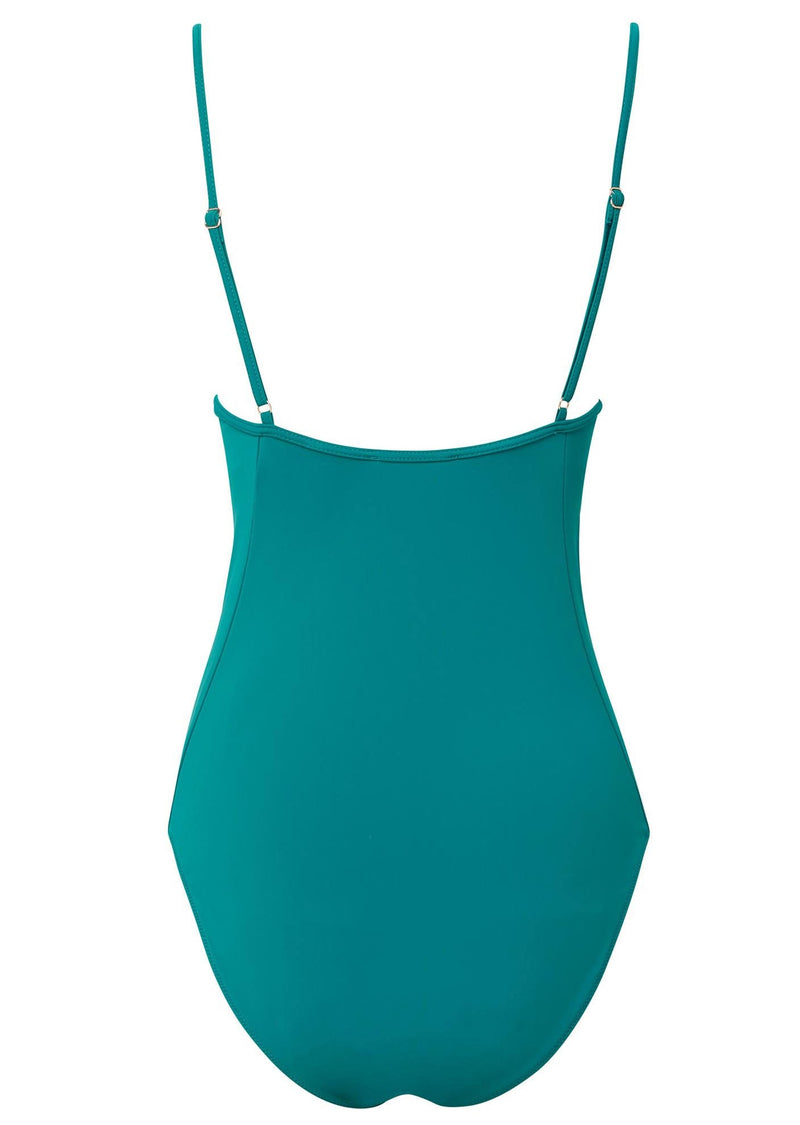 the back of Green v-neckline one piece bathing suit with adjustable back straps 