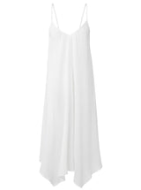 Fresh white strappy and long flowy dress with adjustable back shoulder straps, and v-neckline front and back with pockets. 