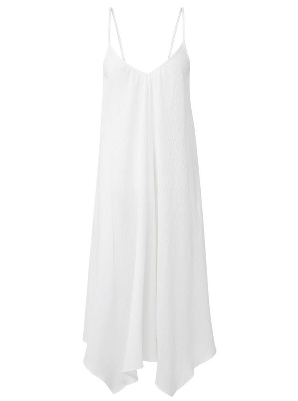 Fresh white strappy and long flowy dress with adjustable back shoulder straps, and v-neckline front and back with pockets. 