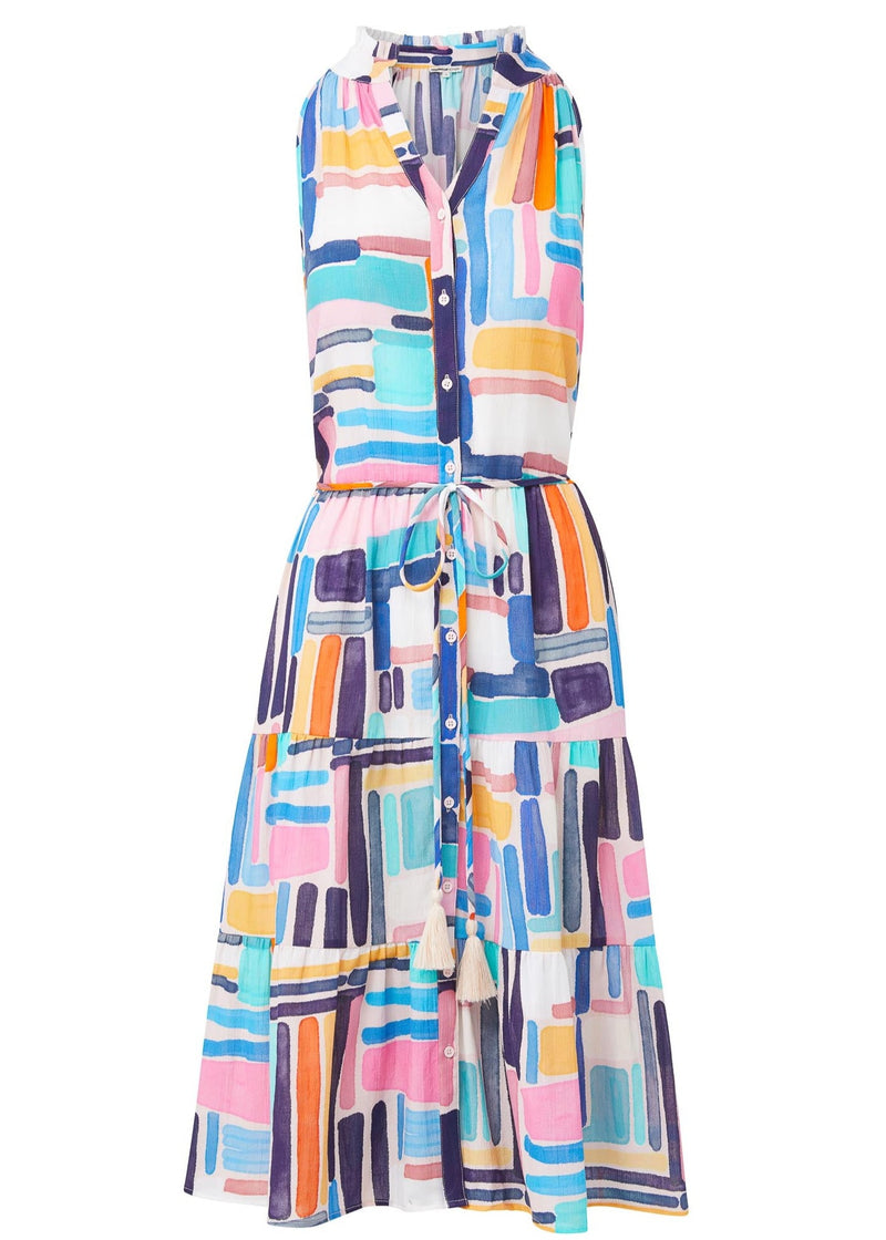 Geometric and graphic colored sleeveless, high neck with ruffle detail, buttoned shirt dress with optional matching belt with tassels and pockets. 