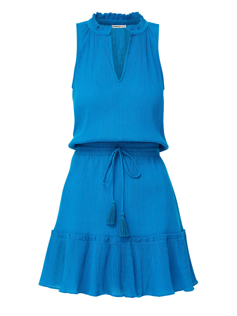 grotto blue (light blue) with an elastic waistband, adjustable drawstring and a V-notch neckline with a ruffled skirt and pockets