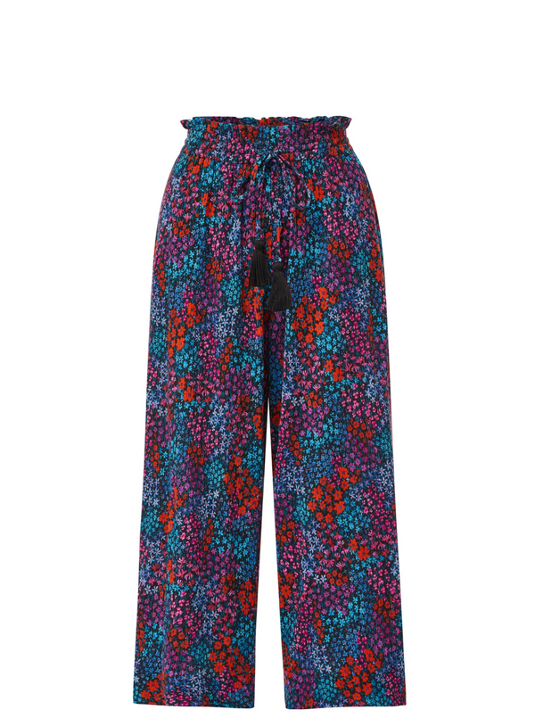 Floral pattern organic cotton beach pants with elastic waistband with drawstring and tassel detail