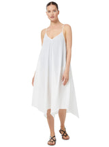 Model wearing a fresh white strappy and long flowy dress with adjustable back shoulder straps, and v-neckline front and back with pockets with black sandals. 