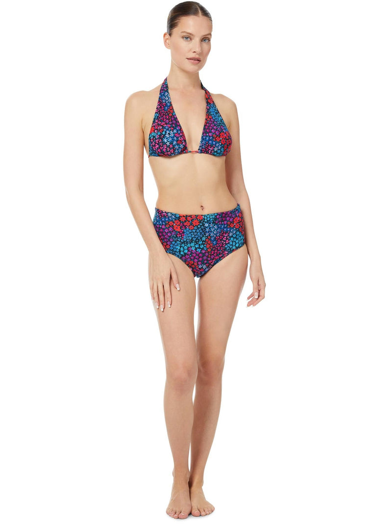 Model wearing a floral bikini top with halter neck tie, adjustable cups, and a spaghetti tie under the bust with matching high waist bikini bottoms with side knot