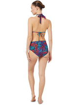 The back of model wearing a floral bikini top with halter neck tie, adjustable cups, and a spaghetti tie under the bust with matching high waist bikini bottoms with side knot