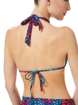 The back of model wearing a floral bikini top with halter neck tie, adjustable cups, and a spaghetti tie under the bust with matching high waist bikini bottoms with side knot