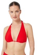 Model wearing a cherry red bikini top with halter neck tie, adjustable cups, and a spaghetti tie under the bust