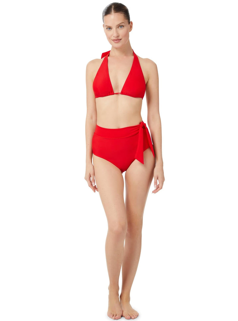 Model wearing a cherry red bikini top with halter neck tie, adjustable cups, and a spaghetti tie under the bust with matching high waist bikini bottoms with a side tie 