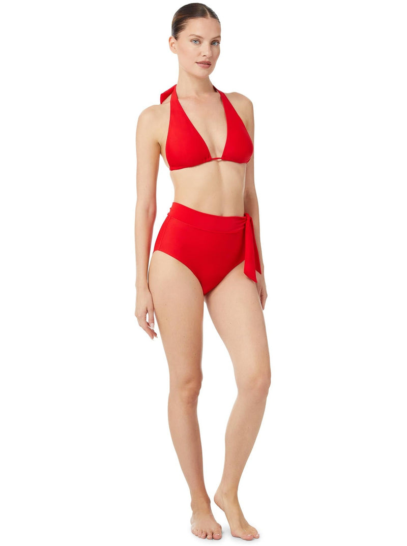 Model wearing a cherry red bikini top with halter neck tie, adjustable cups, and a spaghetti tie under the bust with matching high waist bikini bottoms with a side tie 