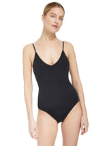 Model wearing black v-neckline one piece bathing suit with adjustable back straps 