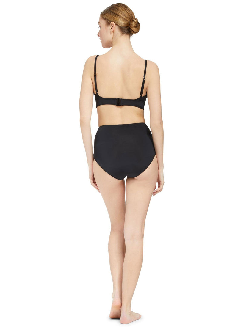 Back of a model wearing a black scoop neckline bikini top with under-bust band and adjustable straps with matching high rise bikini bottom 