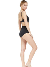 side of a model wearing a black scoop neckline bikini top with under-bust band and adjustable straps with matching high rise bikini bottom 